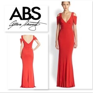 A.B.S. Poppy Red Double V Open Shoulder Gown